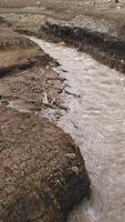 Narrow river flowing and dividing dried ground. Shot. Autumn landscape with the field with cracks and cold fast flowing stream. video