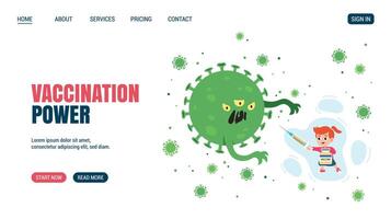 Vaccinated girl with syringe as sword fighting the Virus monster. Vaccination power concept Website, web page design. Children vaccination. Flat design. Vaccination protects from viruses. vector