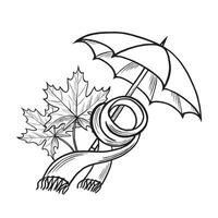 Umbrella with wrapped woolen scarf and maple leaves. Cozy autumn composition. illustration hand drawn isolated. Fall rainy weather arrangement. Warm clothe. Clipart for card, print, website. vector