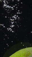 Avocado falls into water. Action. Refreshing ripe avocado falls into water with bubbles on black background. Fresh avocado is submerged in water video
