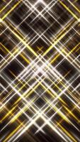 Colorful glowing neon tech square or rhombus formed by stretched flows of stripes. Animation. Two diagonal streams of neon segments segments in the center of black screen, seamless loop. video