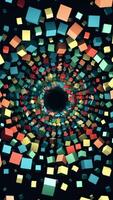 Computer generated abstract geometric cube shapes, unreal constructions. Animation. Seamless loop optical illusion with many circles of colorful cubes flying away on black background. video