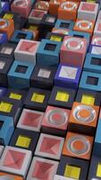 Abstract background of multicolored cubes with wave movement. Animation. Rotating texture with randomly moving out 3D cubes, seamless loop. video