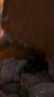 Stirring fry chicken and healthy vegetables with a wooden food turner. Concept. Close up of the process of frying carrots, broccoli, cauliflower, and chicken pieces, concept of healty lunch. video