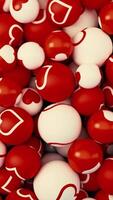 Abstract contrasting white and red ping pong balls with hearts falling down on blue background. Animation. Colorful pile of spheres. video