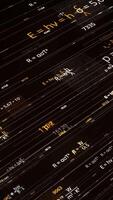 Lines with changing mathematical formulas. Animation. Electronic networks with moving mathematical formulas on dark background. Colored mathematical formulas moving along lines video