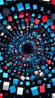 Tunnel of 3D colored squares on black background. Animation. Beautiful hypnotic tunnel of colorful cubes. Distance from spiral of many bright cubes video