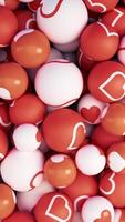 Close up of abstract colorful red and white plastic balls with hearts signs falling into a pile. Animation. Concept of children toys or dry pool filler. video