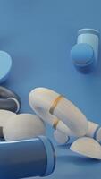 Abstract colorful objects falling down isolated on blue background. Animation. 3D bagel shaped details and half spheres falling randomly. video