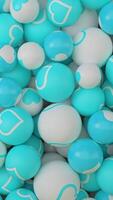 Falling pile of colorful white and blue ping pong balls against yellow background. Animation. Abstract colorful falling spheres with hearts pattern, concept of loving sport and hobby. video