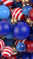Abstract figure of many different colorful balls rotating isolated on blue background, seamless loop. Animation. Contrasting gathered spinning spheres. video