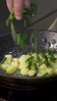 Close-up of cook frying potatoes and greens. Art. Professional chef prepares simple dishes with potatoes and beans. Cook puts green bean pods in fried potatoes video