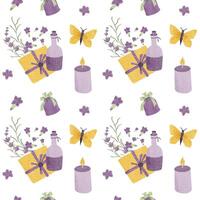 Provence lavender pattern with bottles butterfly and letters vector