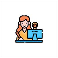 A woman is sitting at a desk with a computer vector