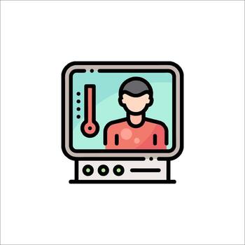 un hombre es en un computadora pantalla con un termómetro vector