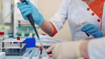Professional laboratory technician fills vial with liquid and puts in the rack. Medical workers with test tubes of blood sample in the laboratory. video
