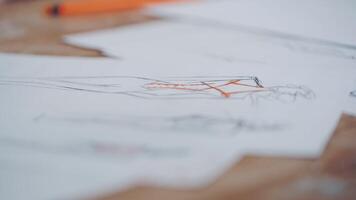 Many white sheets of paper with sketches of modern designes on the table. Ready drawings written on papers for fashionable clothes. Drawing and craft design. video