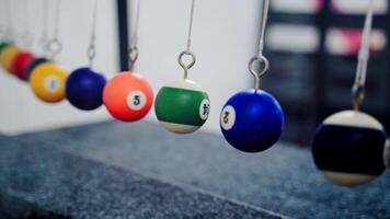 Newton's cradle showing laws of physics in motion. Museum of Science video