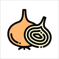 An onion and a slice of onion are shown in a line vector