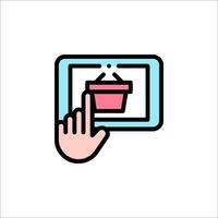 A hand touching a tablet with a shopping basket icon vector