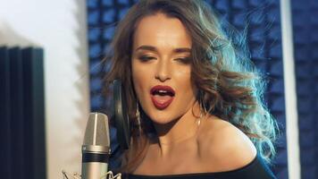 Attractive female with bare shoulders is singing in the professional studio. Beautiful model sings passionately with closed eyes to the modern microphone. Slow motion. video