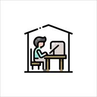 A man sitting at a desk in a house with a computer vector
