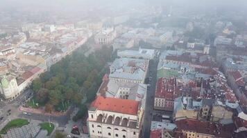 Beautiful view of the city center with old buildings and green park in Lviv, Ukraine. Aerial view of roofs of houses in Lviv. Camera moves top down. video
