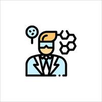 A man in a lab coat and glasses is holding a chemical molecule vector