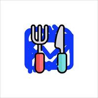 A fork and knife are shown in a blue and red color vector