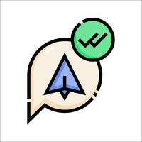 A speech bubble with a green arrow and a check mark vector