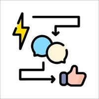 A hand pointing to a speech bubble and a lightning bolt vector