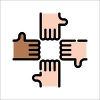 Four hands holding up a circle with a hand in the middle vector