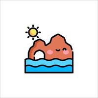 A cartoon rock with a sun and water in the background vector