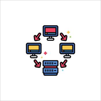 A computer with a server in the middle and a computer on the left vector