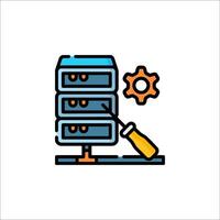 Server rack icon with a computer and a wrench vector