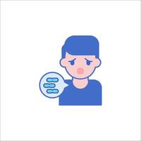 A man is holding a speech bubble with a sad face vector