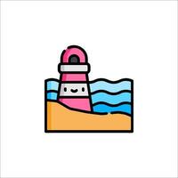 A pink lighthouse in the ocean with a smiley face vector