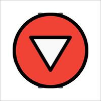A red and white circle with a white arrow pointing down vector