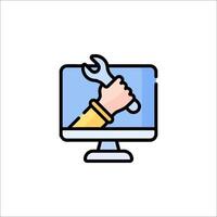 A hand holding a wrench on a computer monitor vector