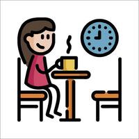 A woman sitting at a table with a cup of coffee and a clock vector