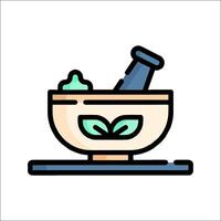 A bowl with a bottle of medicine and a spoon vector