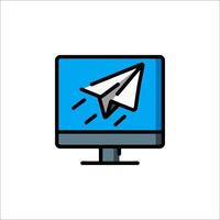 A computer monitor with a paper airplane flying out of it vector