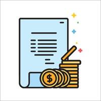 A stack of coins and a document with a pen vector