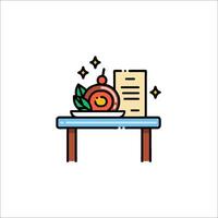 A table with food and a menu on it vector
