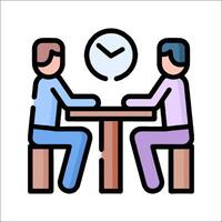 Two people sitting at a table with a clock on the wall vector