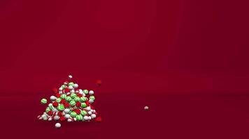 Red, green and white bulbs forming a Christmas tree with a gold star against a dark red background. 3D animation video