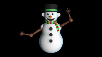 Happy snowman in black hat and red and green scarf waving against transparent background. Loop sequence. 3D animation video