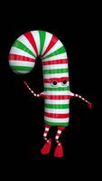 Green, white and red Christmas candy cane with dancing arms and legs against transparent background. Loop sequence. 3D animation video