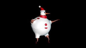 Happy fat snowman with Christmas hat and red scarf dancing against transparent background. Loop sequence. 3D animation video