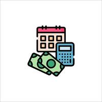 A calendar and money are shown in a line icon vector